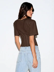 KIZN Shoulder Pad Corset Detail Crop T-Shirt With Bustier Boning And Structured Waist - Brown - View 2