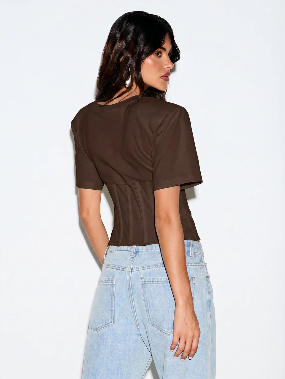 KIZN Crop T-Shirt With Shoulder Pads And Corset Detail