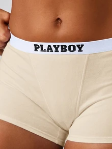 Missguided x Playboy Logo Waistband Boyshort Panties Soft Cotton Blend Everyday Comfort Underwear Boxer Brief - Beige - View 4