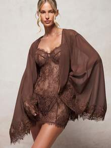 KIZN Sheer Chiffon Mini Dressing Gown With Floral Lace Trim Cuffs And Hem Bridal Robe Kimono Sleeves - Chocolate Brown - View 2
