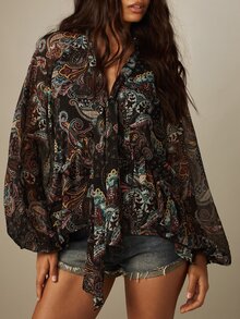 MISSGUIDED 佩斯利印花綁帶領波希米亞風上衣，泡泡袖飄逸透視寬鬆版型節慶上衣 - 彩色 - 查看 4