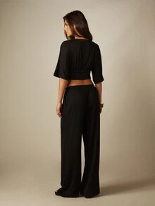 MISSGUIDED Wrap Crop Top And Wide Leg Trouser Co-Ord Set With V-Neckline Flared Sleeves Textured Fabric - Black - View 2