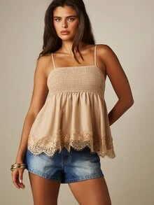 MISSGUIDED Ruched Bust Lace Trim Cami Top Square Neckline Spaghetti Strap Flowy Baby Doll Summer Style Romantic Elegant Vacation Brunch Tan - Light Yellow - View 5