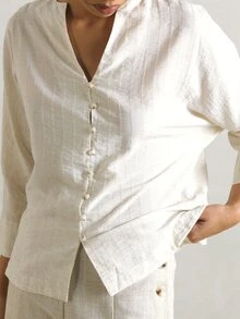KSTM Linen Blend Button-Front Blouse With V-Neck Notch Collar And 3/4 Sleeves Summer Casual Top - Apricot - View 4