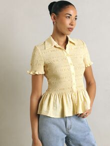 KSTM Smocked Button-Down Peplum Blouse With Collared Neck Ruffle Sleeves Spring Summer Top - Yellow - View 2