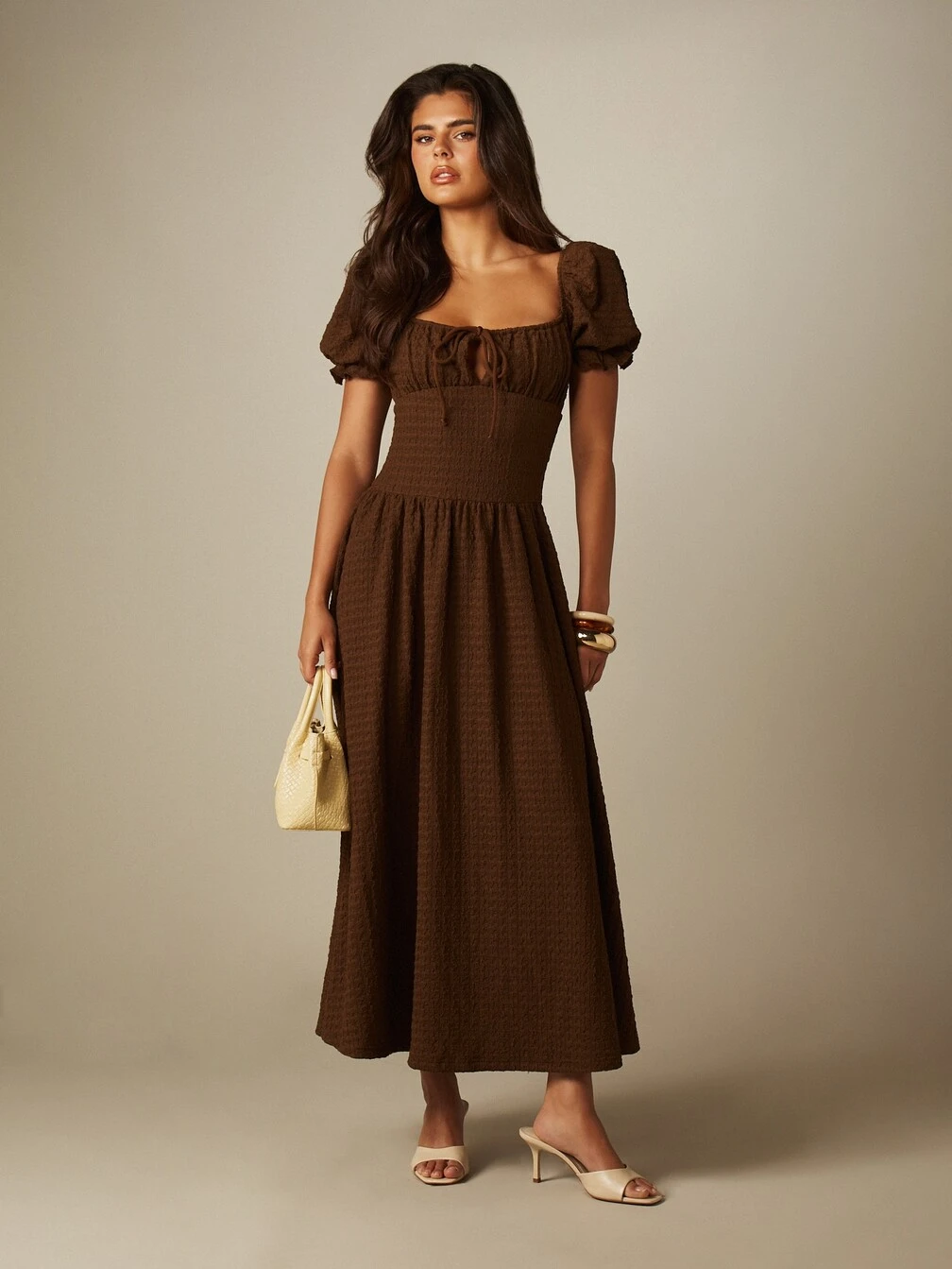 missguided brown dress Puff Sleeve Smocked Waist Midi Square Neck Tie Front Seersucker Textured Flowy Summer Picnic Vacation Dark Cottagecore,XS size features are
