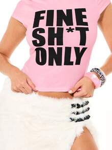 SUMWON Plus Size Graphic Crop Tee With Bold Slogan Print, Crew Neck, Short Sleeve, Casual Everyday Top - Baby Pink - View 6