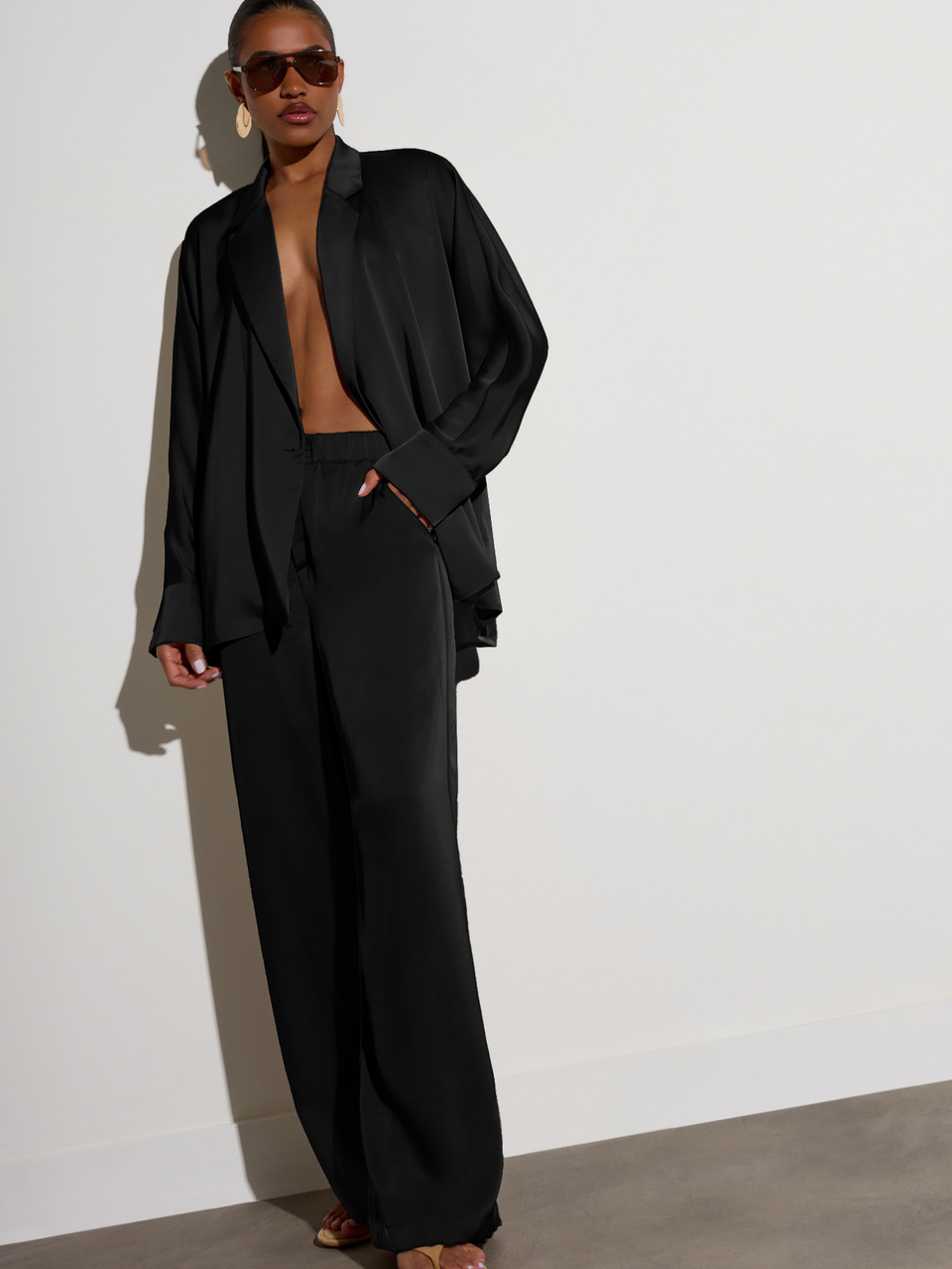 KSTM Satin Wide Leg Trousers High Waist Flowy Full Length Palazzo Pants Elegant Evening Out Style