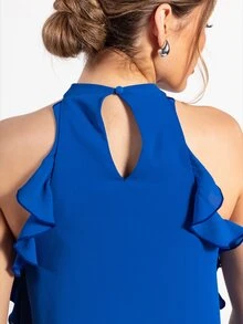 Rouah Damen einfarbiges Neckholder-Top mit Rüschen in hellem Blau - Sommer-Top, blaues Neckholder-Top, Party-Top, blaues Top, Boho-Sommer-Top, Boho-Casual-Top - Blau - Übersicht 5