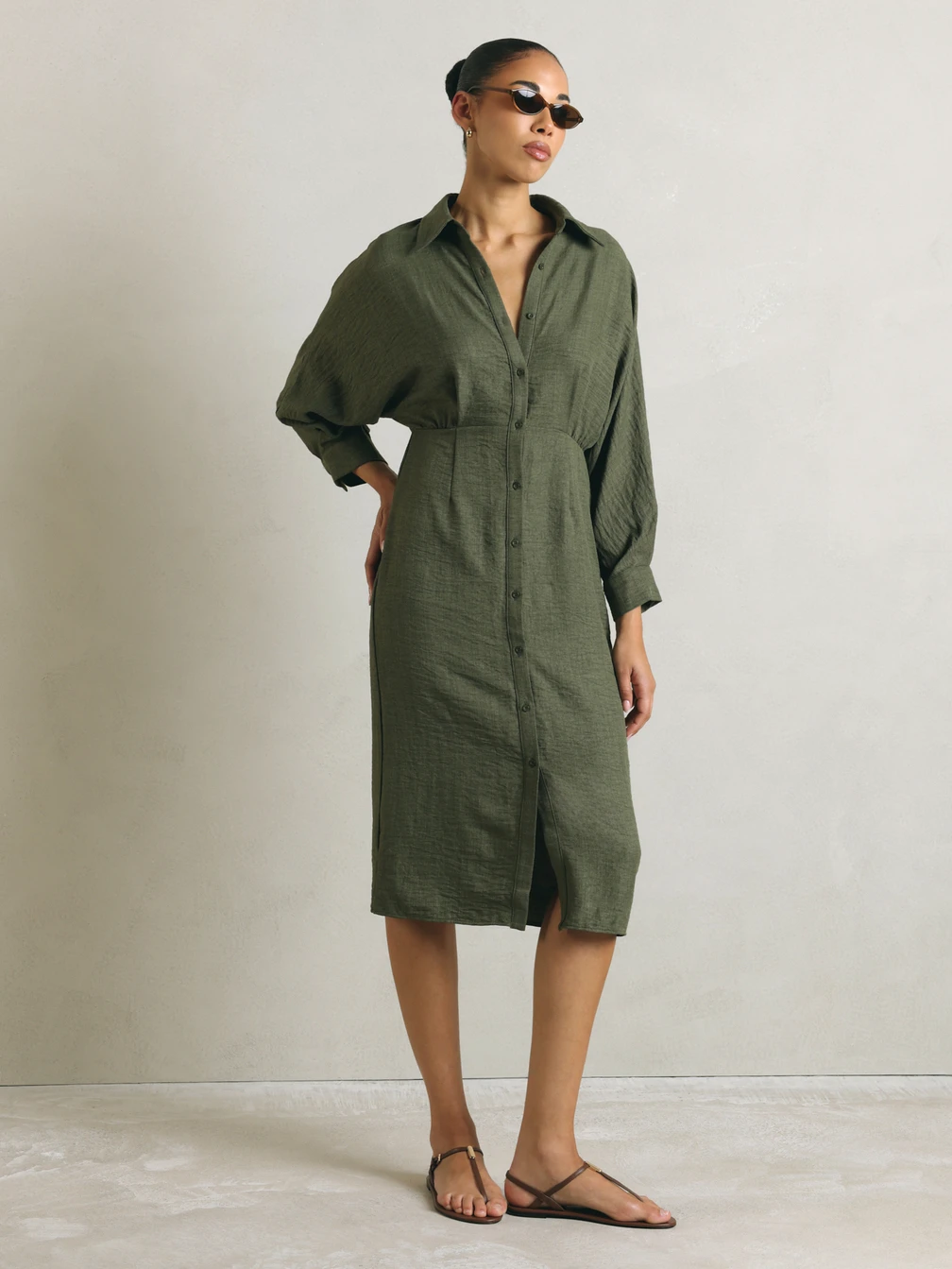 cinched waist midi dress with sleeves Mila Mae Dolman Sleeve Cotton Midi Dress in Moss Green at Nordstrom Rack, Size Small