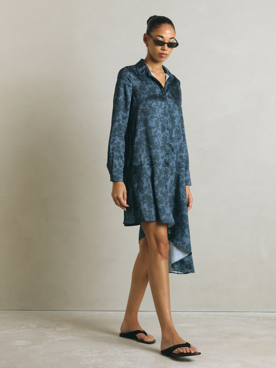 KSTM Dark Teal Asymmetric Hem Shirt Dress Long Sleeve Collared Button Down Casual French Day Formal Everyday Autumn Formal Everyday Autumn Formal Everyday