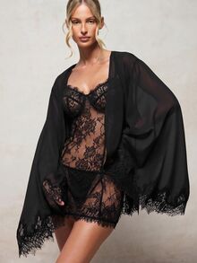 KIZN Sheer Chiffon Mini Dressing Gown With Eyelash Lace Trim Bridal Robe Kimono Sleeve Wrap Belt - Black - View 2