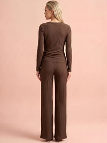 QUIZ Top cruzado de manga larga con detalle de nudo y cintura con lazo para mujer, elegante y chic, top marrón para fiesta, outfit de fin de semana, vacaciones de verano y noche, blusa para mujer - Café integral - Ver 2