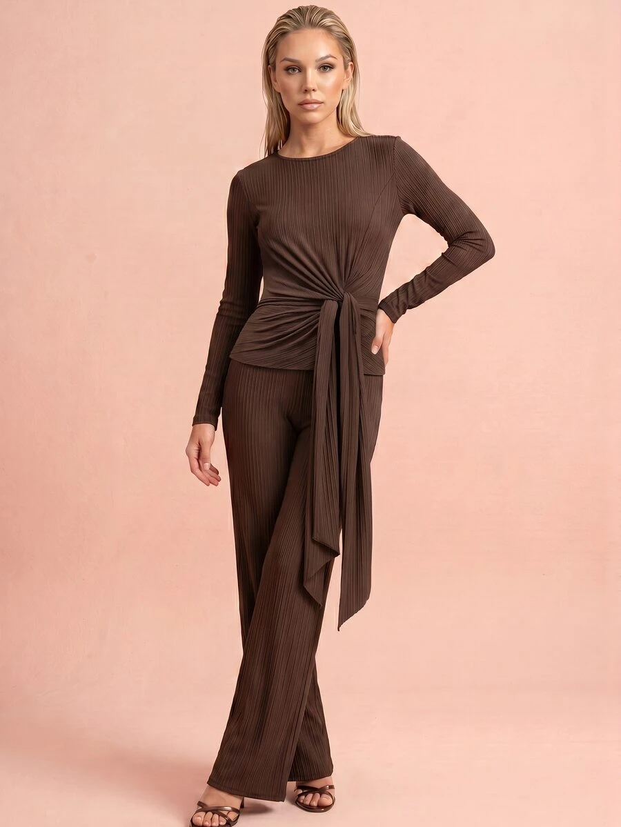 QUIZ Top cruzado de manga larga con detalle de nudo y cintura con lazo para mujer, elegante y chic, top marrón para fiesta, outfit de fin de semana, vacaciones de verano y noche, blusa para mujer - Café integral - Ver 1