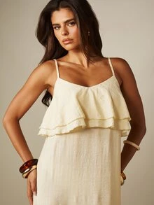 MISSGUIDED Loose Fit Woven Maxi Dress With Double Frill Overlay And Thigh High Split Summer Vacation - Light Yellow - View 3