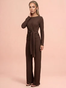 QUIZ Top cruzado de manga larga con detalle de nudo y cintura con lazo para mujer, elegante y chic, top marrón para fiesta, outfit de fin de semana, vacaciones de verano y noche, blusa para mujer - Café integral - Ver 4