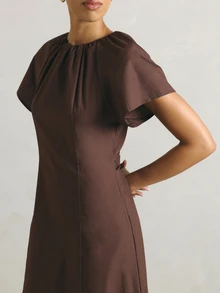 KSTM Ruched Neck A-Line Midi Dress With Flutter Sleeves, Back Tie Waist, And Side Pockets - Brown - View 5