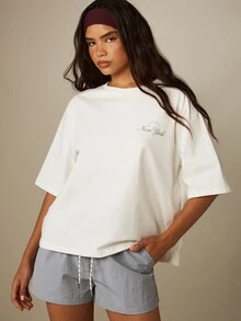 MISSGUIDED Oversized New York Graphic T-Shirt With Back Print Crew Neck Short Sleeve Casual Summer Top - White - View 2