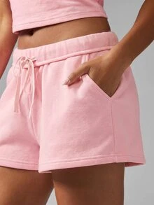 MISSGUIDED 休閒慢跑運動短褲，彈性腰帶抽繩設計，附側邊口袋，夏季居家休閒服 - 淺粉色 - 查看 3