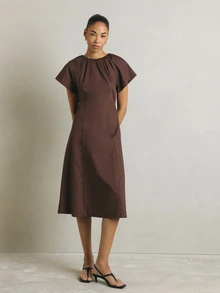 KSTM Ruched Neck A-Line Midi Dress With Flutter Sleeves, Back Tie Waist, And Side Pockets - Brown - View 3