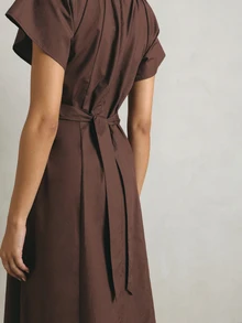 KSTM Ruched Neck A-Line Midi Dress With Flutter Sleeves, Back Tie Waist, And Side Pockets - Brown - View 6