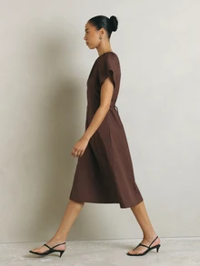 KSTM Ruched Neck A-Line Midi Dress With Flutter Sleeves, Back Tie Waist, And Side Pockets - Brown - View 7