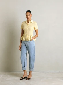KSTM Smocked Button-Down Peplum Blouse With Collared Neck Ruffle Sleeves Spring Summer Top - Yellow - View 3