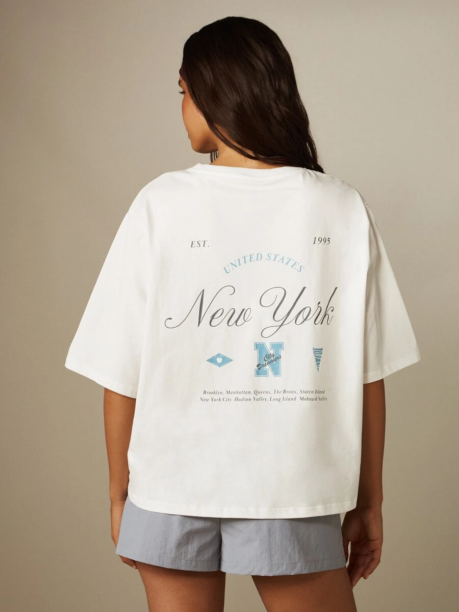 MISSGUIDED Oversized New York Graphic T-Shirt With Back Print Crew Neck Short Sleeve Casual Summer Top - White - View 1