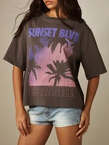 MISSGUIDED Sunset Blvd Los Angeles Graphic Print Oversized Boxy Crop Tee Summer Festival Vintage Streetwear - Grey - View 4