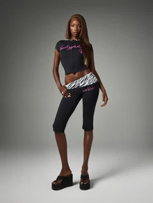 BABYPHAT Crop Zip-Up Hoodie Top With Zebra Print Hood And Short Sleeves Script Logo - Black - View 3
