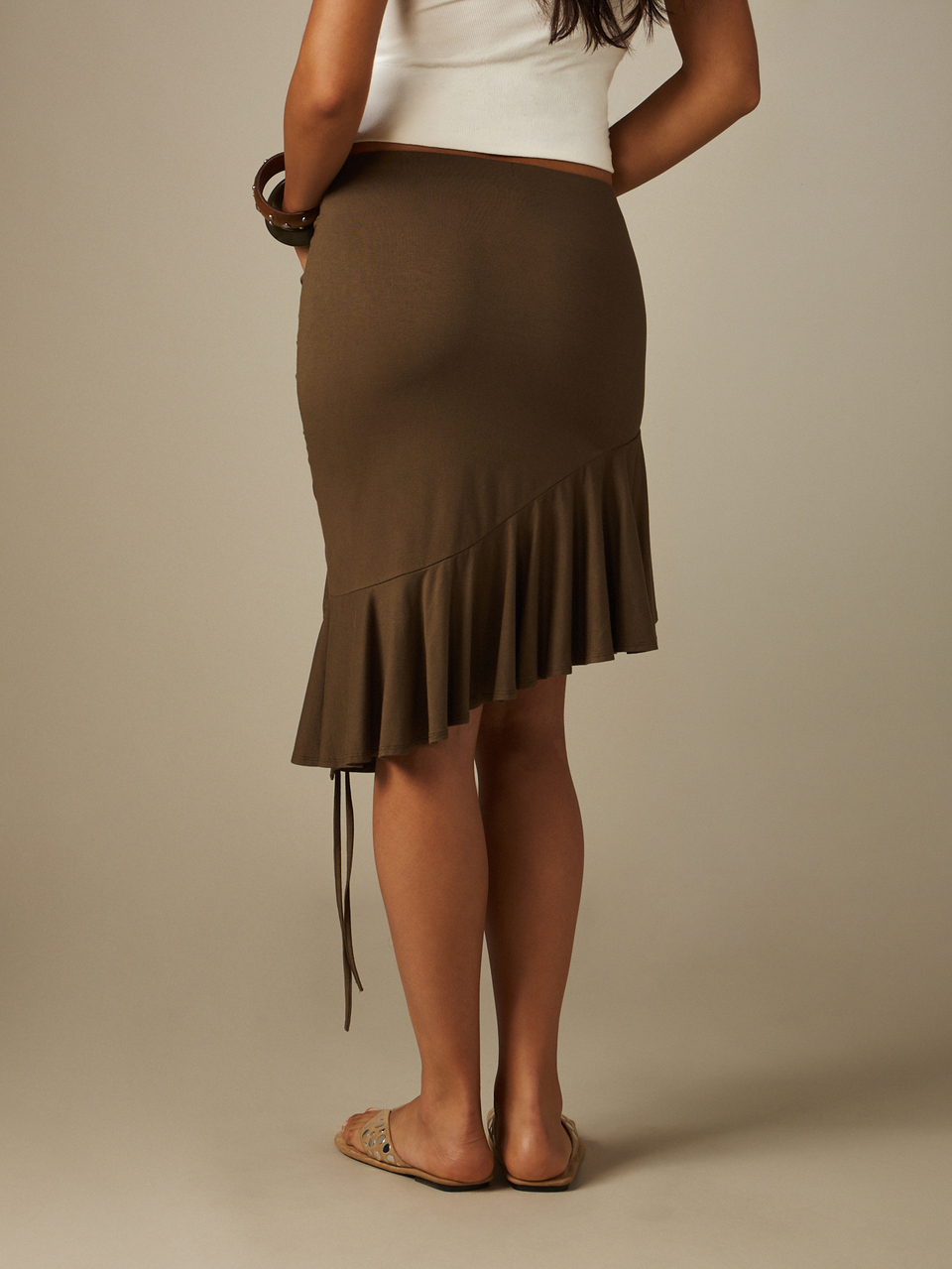 MISSGUIDED Ruched Asymmetric Hem Midi Skirt With Drawstring Detail And Flounce Ruffle Bottom Summer Party Skirt