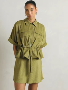 KSTM Zip-Up Shirt And Mini Skirt Co-Ord Set With Drawstring Waist Peplum Detail Safari Style Summer - Green - View 2