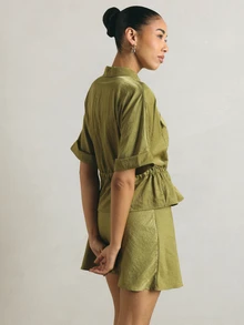 KSTM Zip-Up Shirt And Mini Skirt Co-Ord Set With Drawstring Waist Peplum Detail Safari Style Summer - Green - View 3