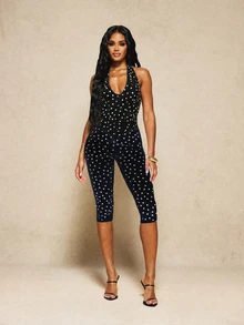 MISSGUIDED X Carli Bybel Black And White Polka Dot Corset Halter Top With Deep Scoop Neckline And Hook Front Closure Summer Style Going Out Night Out Sexy - Black and White - View 5