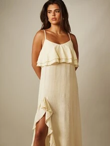 MISSGUIDED Loose Fit Woven Maxi Dress With Double Frill Overlay And Thigh High Split Summer Vacation - Light Yellow - View 4