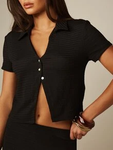 MISSGUIDED Textured Crop Cardigan And Maxi Skirt Co-Ord Set Button-Front Collared Summer Two-Piece Matching Outfit - Black - View 3