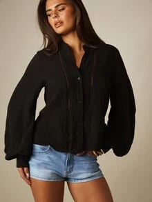 MISSGUIDED Cheesecloth Boho Button-Up Blouse With Balloon Sleeves Lace Trim Detail Long Sleeve Festival Top - Black - View 1