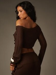 MISSGUIDED Off-Shoulder Long Sleeve Crochet Crop Top With Large Sequin Embellishments Knit Festival Style - Brown - View 2