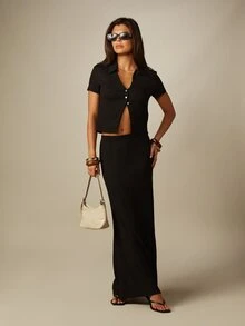 MISSGUIDED Textured Crop Cardigan And Maxi Skirt Co-Ord Set Button-Front Collared Summer Two-Piece Matching Outfit - Black - View 1