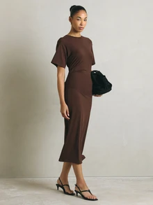 KSTM Gathered Short Sleeve Midi Dress Crew Neck Ruched Bodycon Elegant Fall Occasion Dress - Brown - View 3