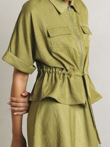 KSTM Zip-Up Shirt And Mini Skirt Co-Ord Set With Drawstring Waist Peplum Detail Safari Style Summer - Green - View 5