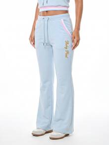 BABYPHAT Low Rise Flare Joggers With Gold Script Embroidery And Striped Rib Waistband Detail - Baby Blue - View 5