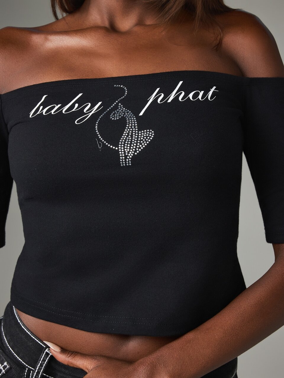 BABYPHAT Jersey Bardot Off-Shoulder Crop Top With Rhinestone Cat Logo And Script Print