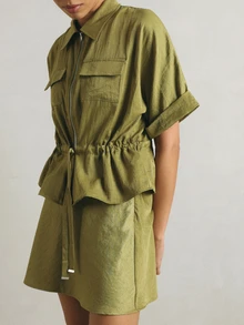 KSTM Zip-Up Shirt And Mini Skirt Co-Ord Set With Drawstring Waist Peplum Detail Safari Style Summer - Green - View 1