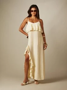MISSGUIDED Loose Fit Woven Maxi Dress With Double Frill Overlay And Thigh High Split Summer Vacation - Light Yellow - View 1