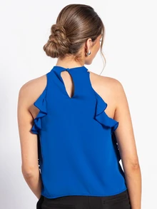 Rouah Damen einfarbiges Neckholder-Top mit Rüschen in hellem Blau - Sommer-Top, blaues Neckholder-Top, Party-Top, blaues Top, Boho-Sommer-Top, Boho-Casual-Top - Blau - Übersicht 2