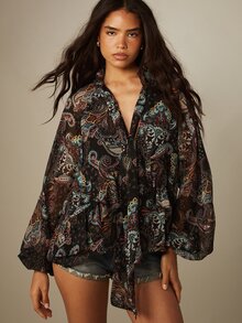 MISSGUIDED 佩斯利印花綁帶領波希米亞風上衣，泡泡袖飄逸透視寬鬆版型節慶上衣 - 彩色 - 查看 1