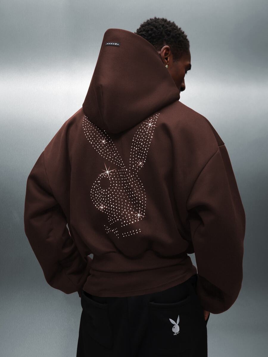 PLAYBOY X SUMWON Sudadera con capucha Crop Fit Essentials Oversized con gráfico de conejo con cristales de strass en la espalda - Marrón Chocolate - Ver 1