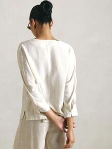 KSTM Linen Blend Button-Front Blouse With V-Neck Notch Collar And 3/4 Sleeves Summer Casual Top - Apricot - View 2