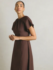 KSTM Ruched Neck A-Line Midi Dress With Flutter Sleeves, Back Tie Waist, And Side Pockets - Brown - View 4